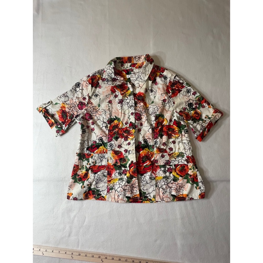 Christopher & Banks Button Up Shirt Women's Large Floral Seersucker